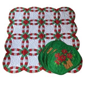 Vintage 1990's Britannica Home Collection Christmas red green white quilt tablec